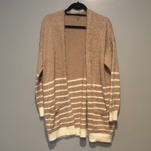 Cozy Striped Tan Cardigan Sweater
